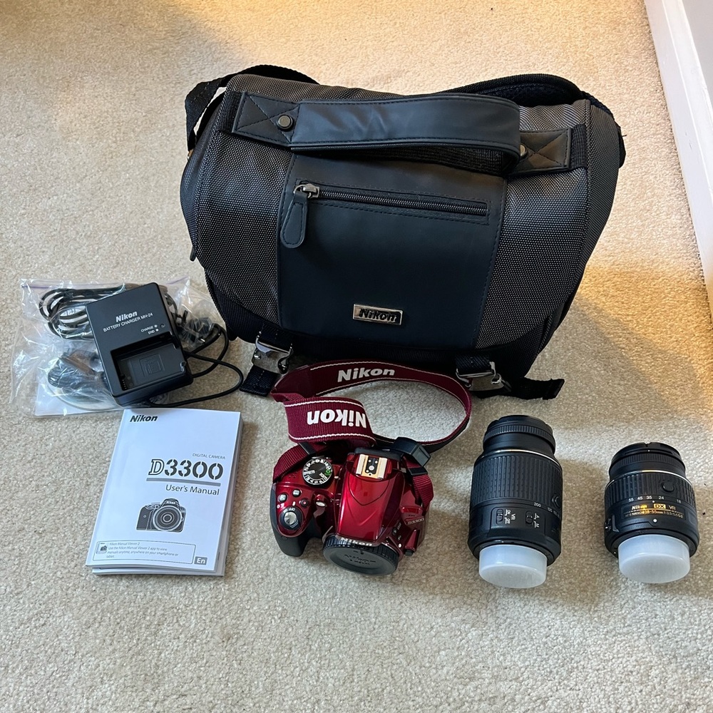 Nikon D3300 DSLR Camera with 1855mm VR II and 55200mm VR II Lenses Red and case